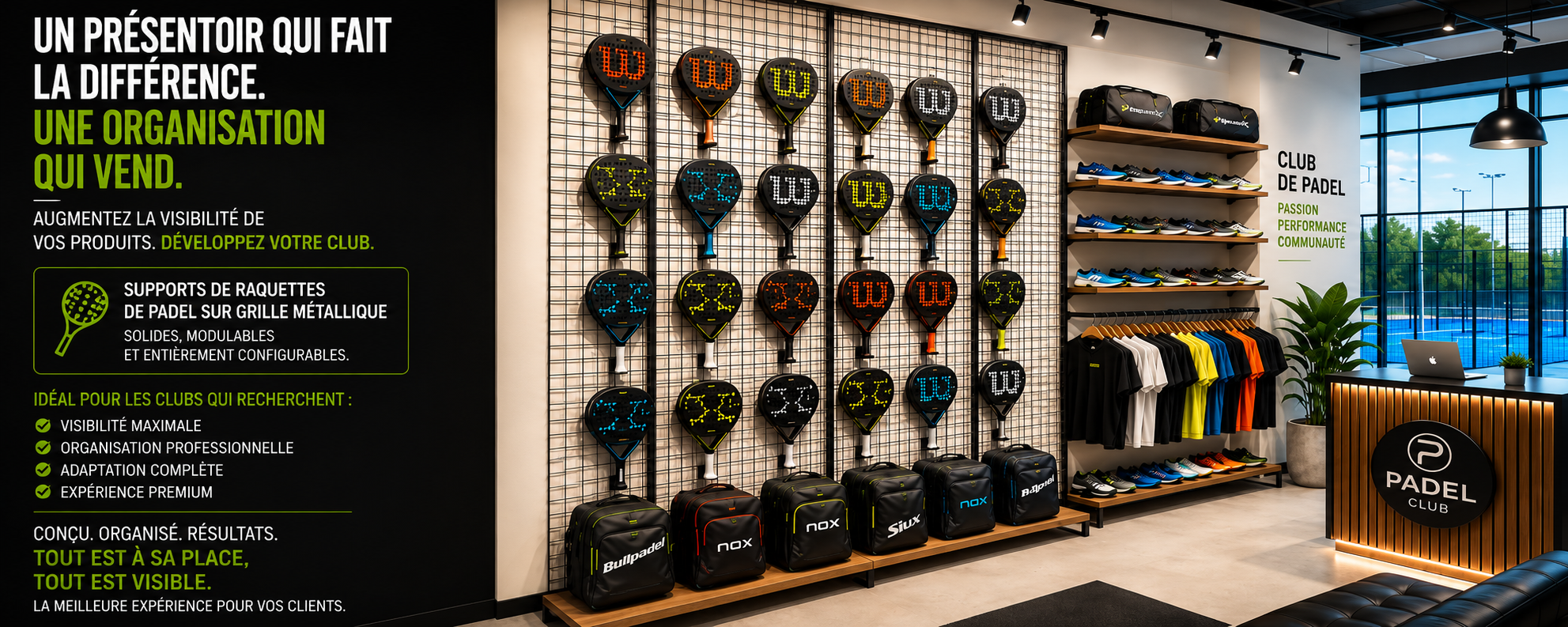 Espace commercial de club de padel avec mur d’exposition en grille métallique pour raquettes, vêtements et chaussures de sport, mobilier moderne en bois et noir, comptoir d’accueil élégant et solutions professionnelles d’organisation pour boutiques et clubs de padel.